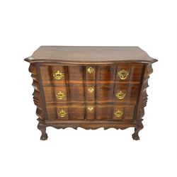 19th century Dutch serpentine chest, moulded edge, fitted with three drawers with shaped fronts and brass handle pulls, flanked by shaped uprights and panelled sides, raised on cabriole supports terminating in ball and claw feet