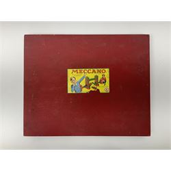 Meccano Set No.5 wooden box containing quantity of predominantly red and green sections, parts, brackets, wheels etc and instruction booklet