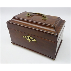 George III mahogany three division tea caddy, rectangular form with open work brass escutcheon and carry handle on brass ball feet, L23cm  
