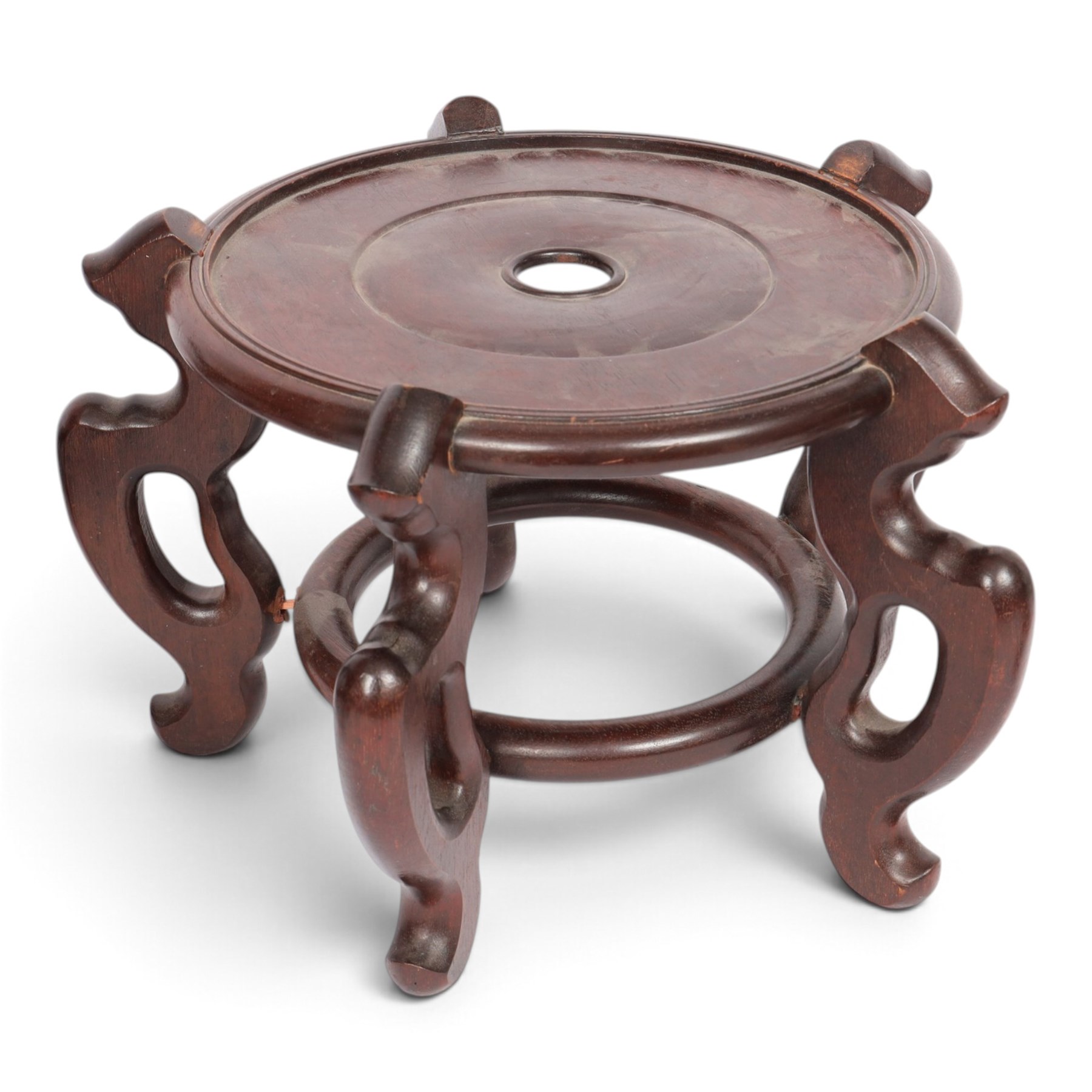 Five hardwood vase stands, for large vases, largest D36cm