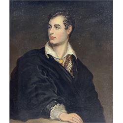 English School (19th century): Portrait of Lord Byron, oil on canvas unsigned, indistinctly inscribed on the stretcher 29cm x 24cm