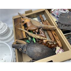 Quantity of boxed games, carved wood animal figures, walking stick with brass handle, VATMAN shop till, white ceramic jardiniere on stand etc