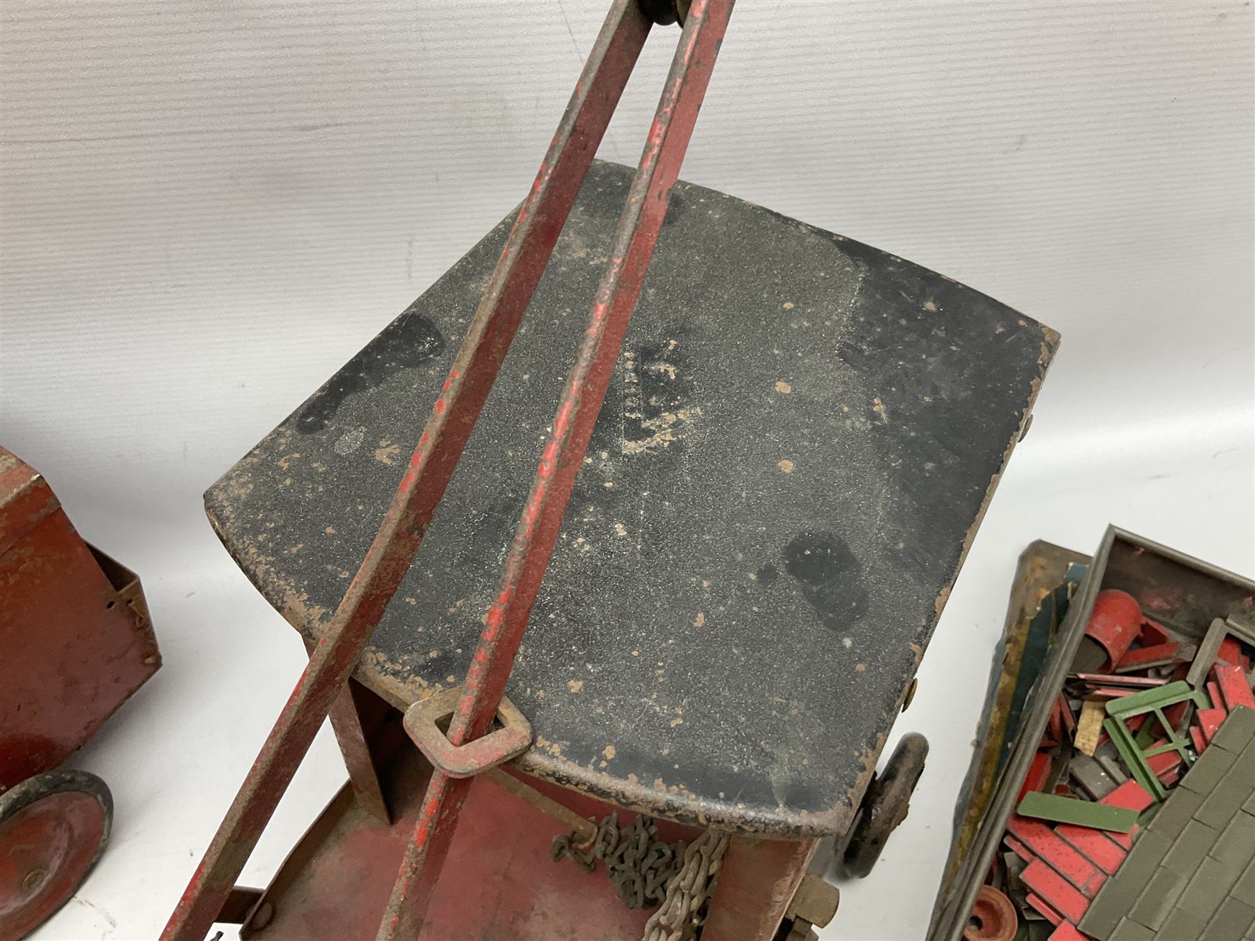 Hornby Racer 3 speedboat L45cm; pre-war Tri-ang sheet steel lorry and mobile crane; quantity of lead soldiers by Johillco etc; Tri-ang Minic clockwork Royal Mail Van; and part set of tin-plate construction pieces; all unboxed