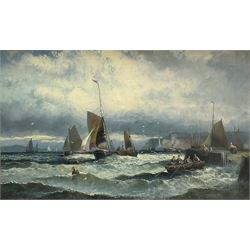 William Anslow Thornley (British fl.1858-1898): Fishing Boats rounding the Lighthouse leaving Harbour, oil on canvas signed 24cm x 39cm 