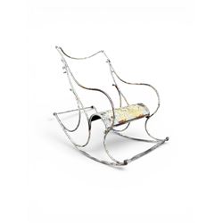 Pair of large unusual 19th century wrought iron garden rocking chairs, simple scroll design, lacking canvas seat