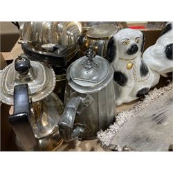 Silver plated tea set, comprising of teapot, coffee pot, milk jug and sucrier, silver plated salver, Victorian jam pan, victorian brass candlesticks, and other metalware, together with a pair of reproduction staffordshire dogs