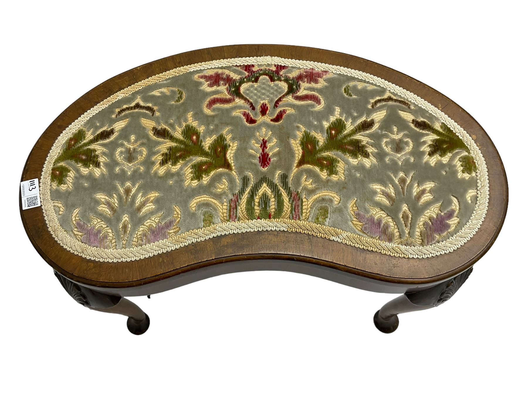 Edwardian beech dressing table chair, scallop back, upholstered in foliate patterned fabric with sprung seat, raised on cabriole supports (W50cm H73cm); and matching walnut and beech kidney shaped stool (W60 H49cm)