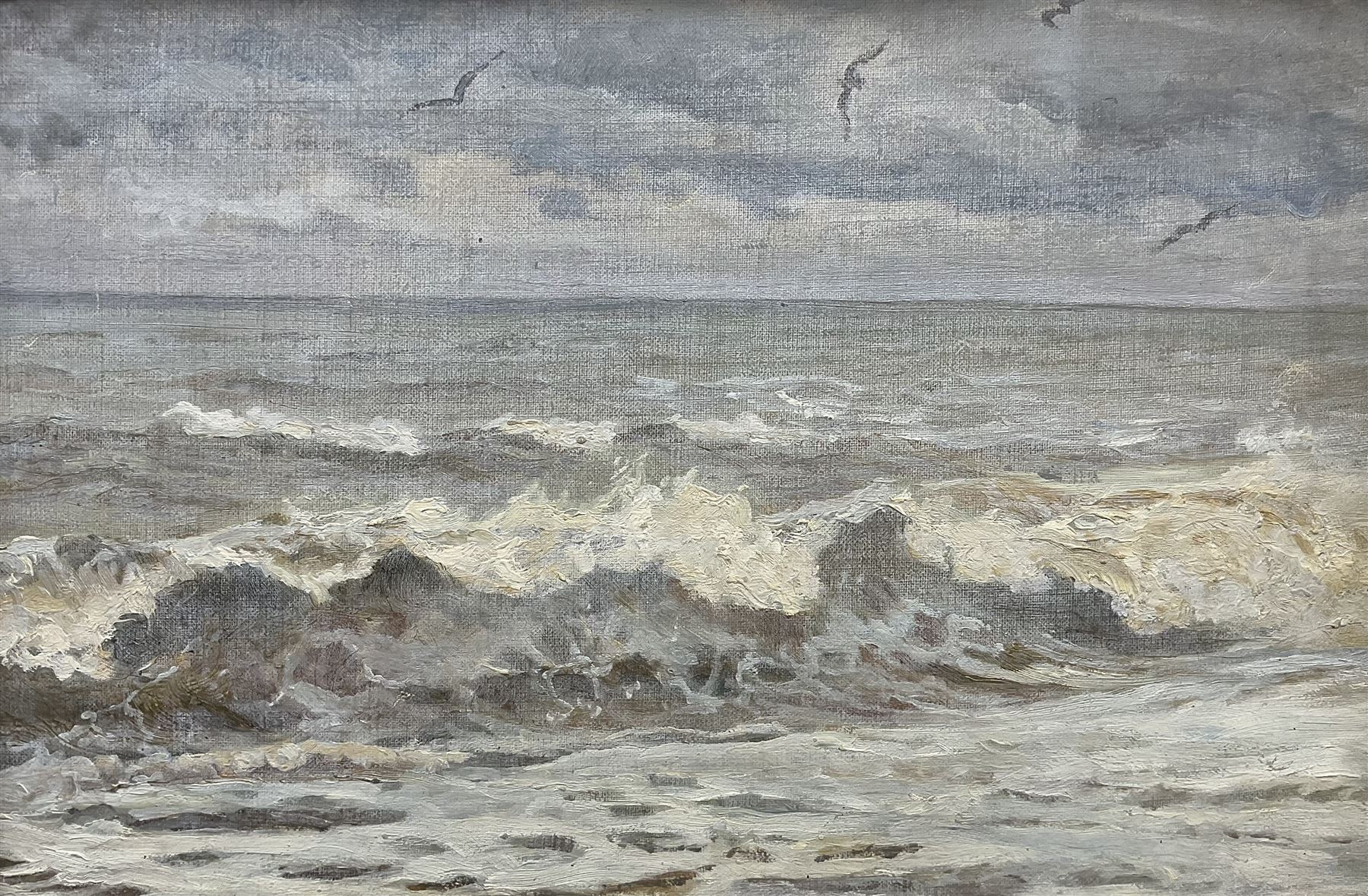 Dame Ethel Walker DBE ARA (British 1861-1951): Seascape Study with Seagulls, oil on canvas laid on board unsigned, old attribution and title label verso along with Whitley Bay framer's label 26cm x 39cm 
Notes: probably a view at Robin Hood's Bay, where Walker had a cottage.