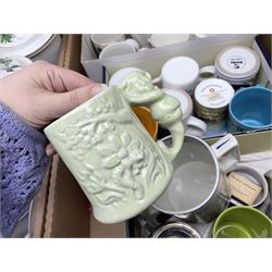 Large collection of ceramics to include God Speed the Plough loving cup, Denby, Coalport, Portmeirion, quantity of mugs etc in four boxes