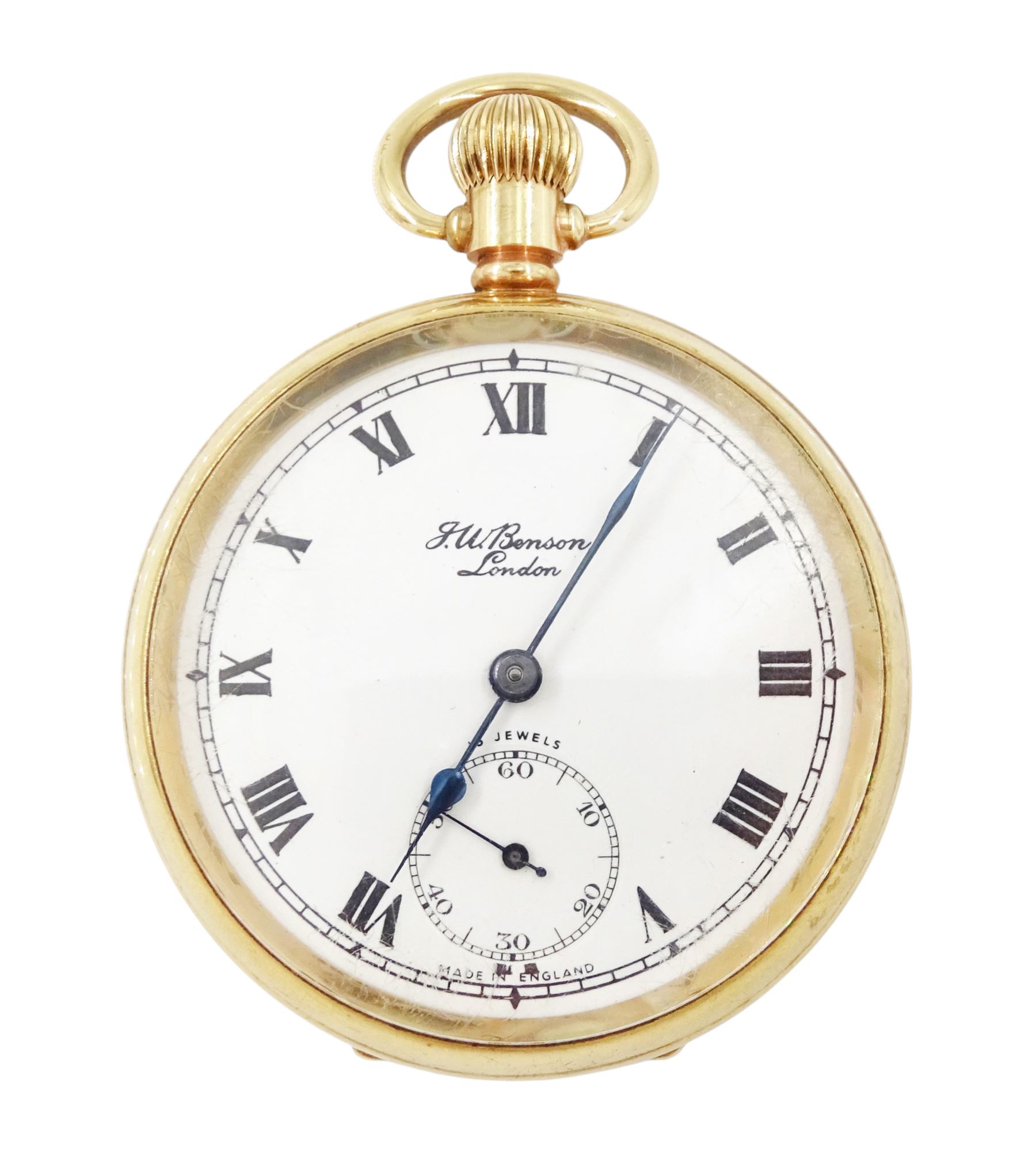 9ct gold open face keyless lever presentation pocket watch by J W Benson, London, white enamel dial with Roman numeral hour markers and subsidiary seconds dial, case by Dennison, Birmingham 1956, in early 20th century silver mounted tooled leather case by S Blanckensee & Son Ltd, Birmingham 1907