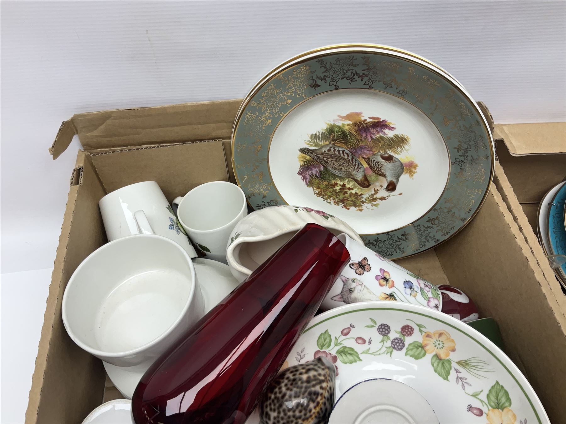 Shelley Maytime pattern sauce boat and saucer, Hornsea vases, blue and white Willow pattern dinner wares and a collection of other ceramics and glassware, in four boxes 