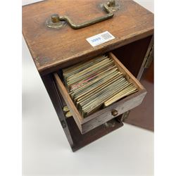 19th century Henry Crouch lacquered brass and black monocular microscope inscribed 'H. Crouch 51 London Wall London 476' with rack and pinion focusing H36cm, in fitted mahogany carrying case with extra lenses, twenty-six predominantly annotated prepared glass slides by W. Watson, Richard Suter, Wheeler, Thomas Groves etc including one marked Prize Medal Paris 1867, eight Walter White prepared card mounted slides and five original packets of C.J. Watkins unprepared specimens.