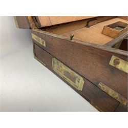 Mahogany and brass bound writing slope, with inset campaign handles and the hinged lid enclosing a fitted interior, together with another similar example, largest H18cm, L50cm