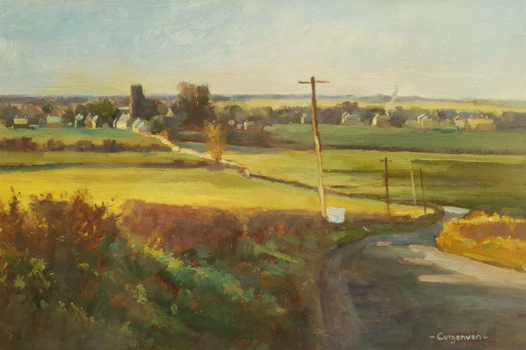 Michael Curgenven (Contemporary): 'Winter Evening Spofforth', oil on board signed, titled verso 25cm x 37cm; Philip Gardner (British 1922-1986): Man with Briefcase, watercolour signed 17cm x 25cm