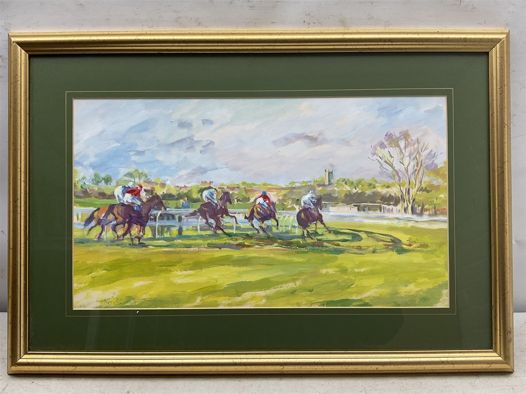 Margery Shotton (British 1943-): 'Rounding the Bends at Sedgefield Races', acrylic signed and dated 2002, titled verso 27cm x 49cm 