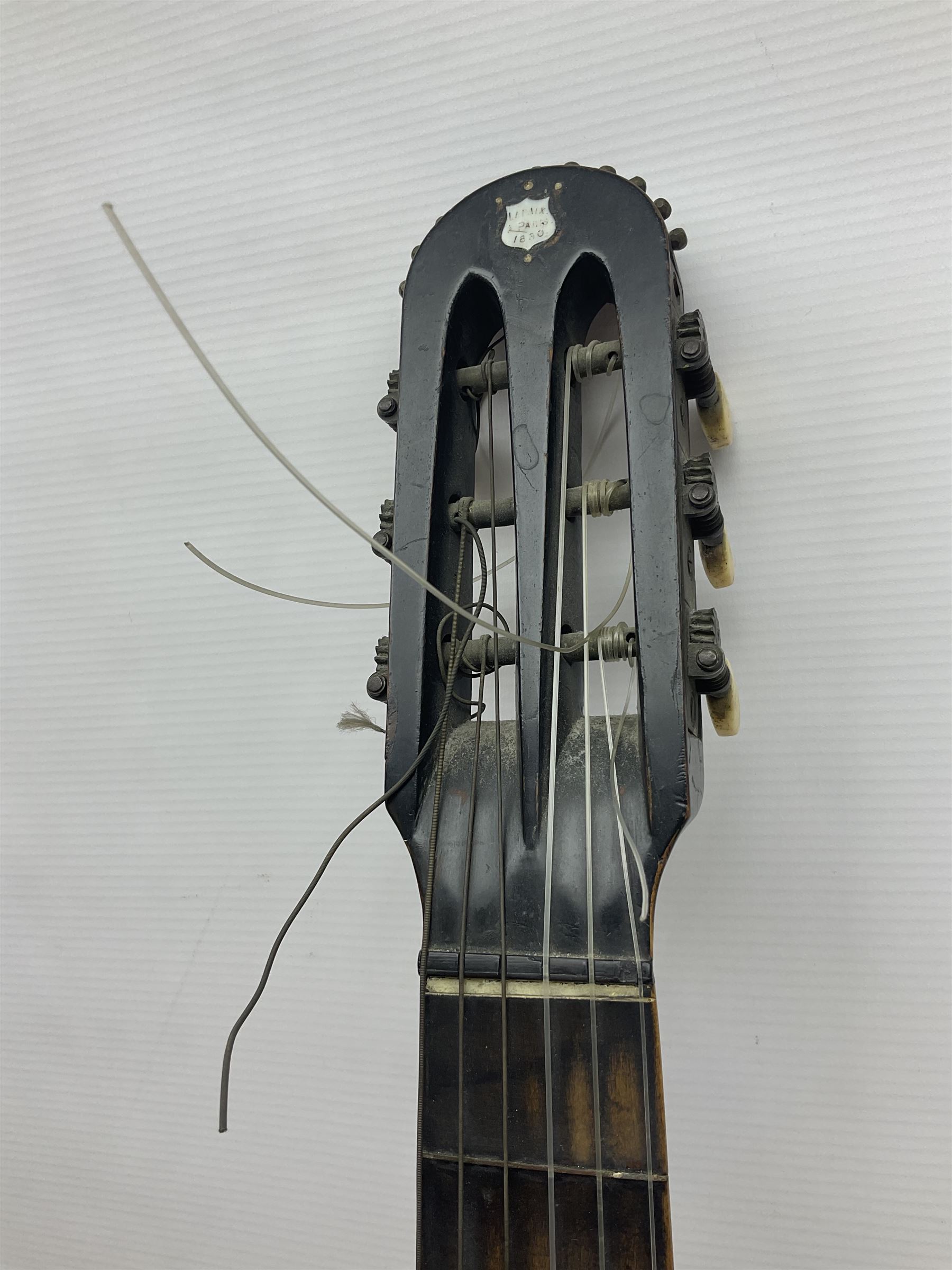 19th century Continental parlour guitar for restoration or display, with maple back and sides,  spruce top, scalloped neck and bone pegs; bears inset plaque to head 'Lapaix Paris 1830' and 'John Eastwood Teacher of the Guitar' paper label with manuscript note 'Fine Old Guitar Restored 1888 by JCB Leeds' L92cm