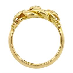 Edwardian 18ct gold three stone old cut diamond love knot ring, maker's mark EK, London 1903