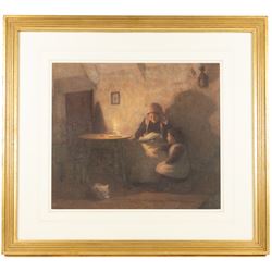 Dame Laura Knight (Staithes Group 1877-1970): Staithes Cottage Interior, Grandmother and Child Reading by Candlelight with a Cat Asleep, watercolour unsigned, attributed on label verso 40cm x 46cm 
Provenance: sold Tennants 23rd July 2004 Lot 719a