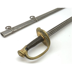 Early 19th century French Officer's sword, 85cm double edged triple fullered blade inscribed with French armourer's mark and dated 1816, brass hilt by Rouart a Paris (1825-1850) with open foliate decoration and ebony grip, steel scabbard, overall 102cm