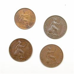 Four Queen Victoria one penny coins, dated 1855, two 1858 and 1899