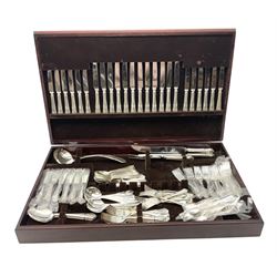 Cased canteen of Sheffield Cutlery silver-plated cutlery, comprising twelve knives comprising twelve dinner forks, twelve dinner knives, dessert forks, dessert knives, eleven fish forks and knives, eleven tea spoons, eleven coffee spoons, twelve soup spoons, twelve dessert spoons, four serving spoons, ladle, and a carving set   