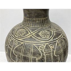 Large floor vase of tapering ovoid form with flared rim, decorated with panels of stylised decoration below repeating floral roundels amongst intertwined lines, H89cm