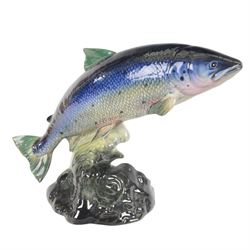 Beswick, four fish figures, comprising Large mouthed Black Bess 1266, Perch 1875, Atlantic Salmon 1233 and Rainbow Trout 1246
