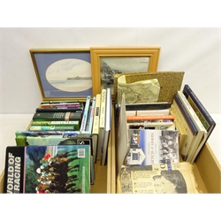  Collection of books including Horse Racing, Family History, fiction and other books, two watercolours of Scarborough North Bay, 1960's newspapers and other ephemera in two boxes  