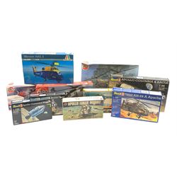 Six plastic model kits of helicopters by various makers including Airfix Boeing Chinook and two x Westland Sea King, Revell Apache, Matchbox Westland Lynx and Italeri Wessex HAS.3; together with three kits of lunar vehicles including Revell Apollo Columbia/Eagle, Command Module and Lunar Module 'Eagle'; and empty Airfix Lunar module box; all boxed  (10)