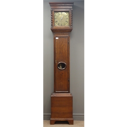  18th century oak longcase clock, square hood with barley twist columns, square brass dial inscribed 'Bell Fecit', trunk door with glazed aperture, 30-hour movement striking on bell, bracket feet, H202cm  