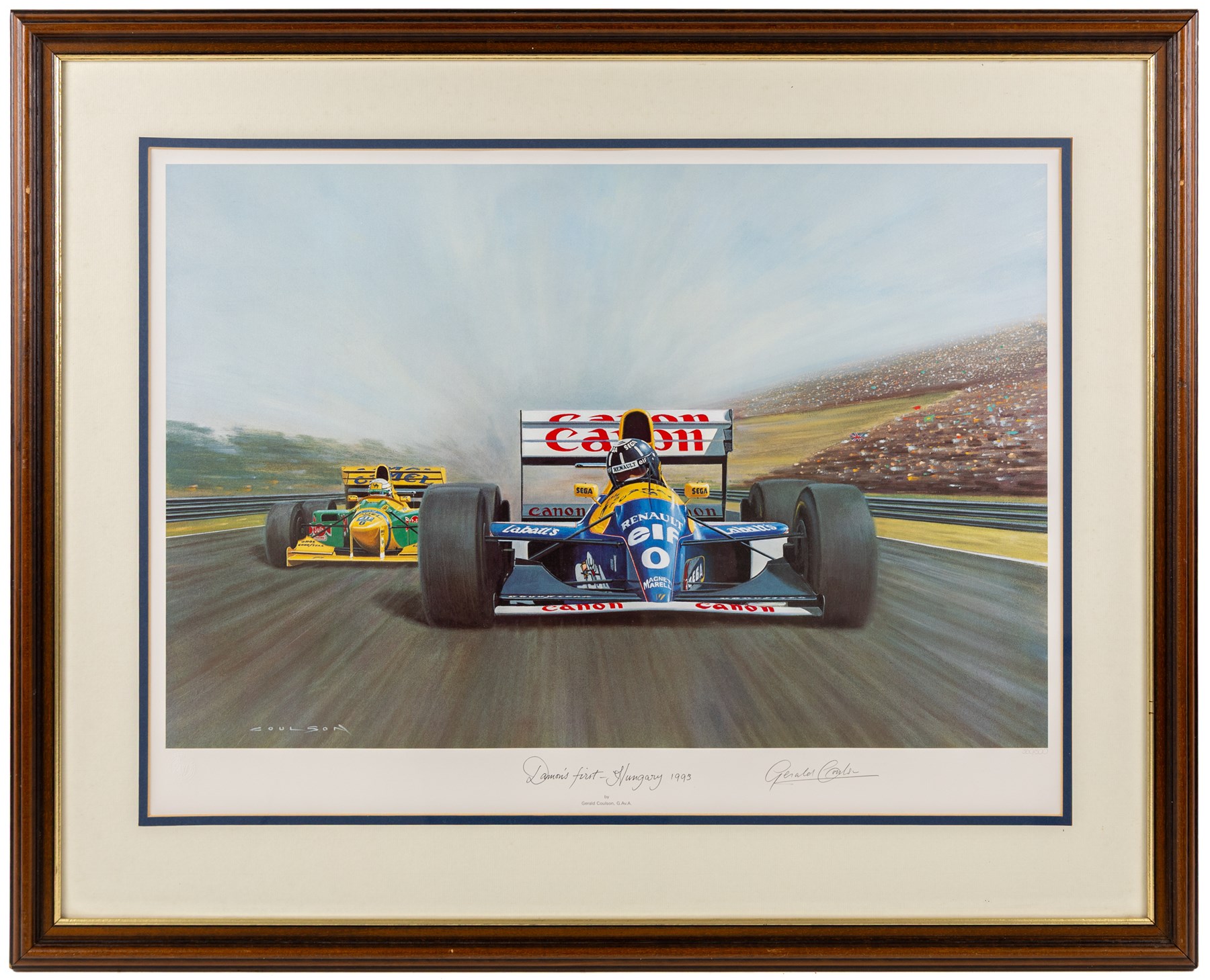 After Gerald Davison Coulson (British 1926-2012): ‘The Flying Scotsman’ and ‘Damon’s First – Hungary 1993’, together with Alan Fearnley (Yorkshire 1942-): ‘Alan Jones’ and Tony Smith (British 20th Century): ‘Damon’s Dream’, set of four limited edition Formula 1 themed prints signed and two signed by drivers David Coulthard and Alan Jones in pencil max 40cm x 61cm (4)
