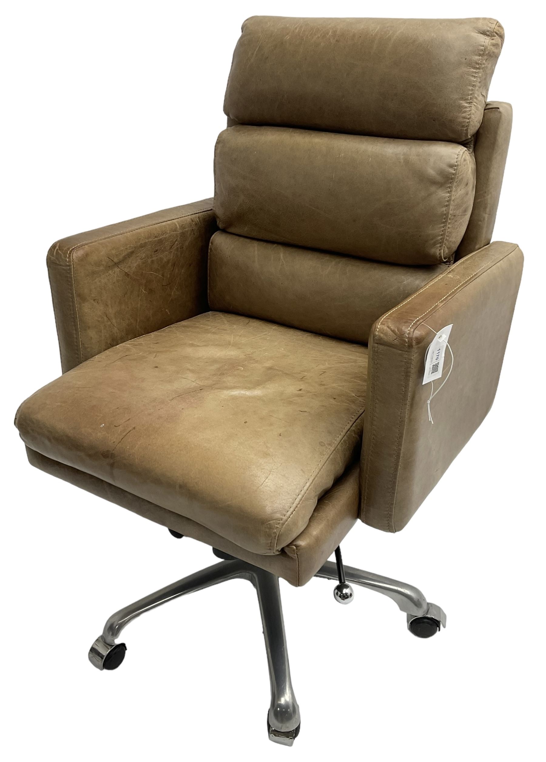 Halo - 20th century 'Kipling' desk chair, upholstered in tan leather, raised on chrome  base with adjustable and swivel action