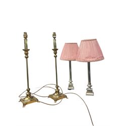 Pair of Corinthian column table lamps, together with a pair of brass table lamps, largest 60cm  