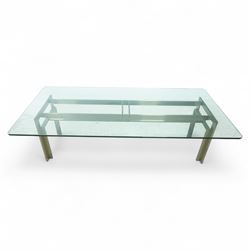 Carlo Scarpa for Studio Simon – 1970s Italian design dining table, the rectangular clear glazed top resting on a brushed steel and aluminium architectural base, with exposed bolt details and angled legs, maker's label with the designer's signature
