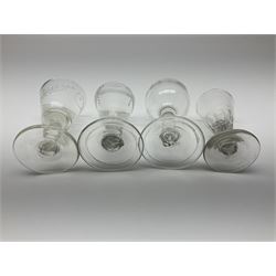 Group of late 18th century and later style drinking glasses, to include a number of wine glasses with funnel bowls, with etched and engraved fruiting vine decoration, an example with ovoid bowl and later diamond facet cut stem, etc, tallest H18cm