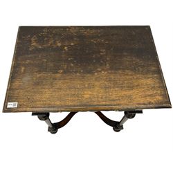 Charles II style oak lowboy, moulded rectangular top over single drawer fitted with brass droplet handles, shaped apron, turned supported joined by shaped x-frame stretchers