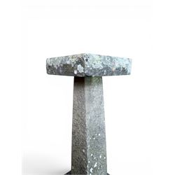 19th century weathered sandstone birdbath, formed in four sections, square top with carved shell bath, raised on tapering column with stepped base