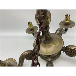 Pair of bronzed metal five-branch chandeliers, each hung with scrolling branches and dish pans H62cm