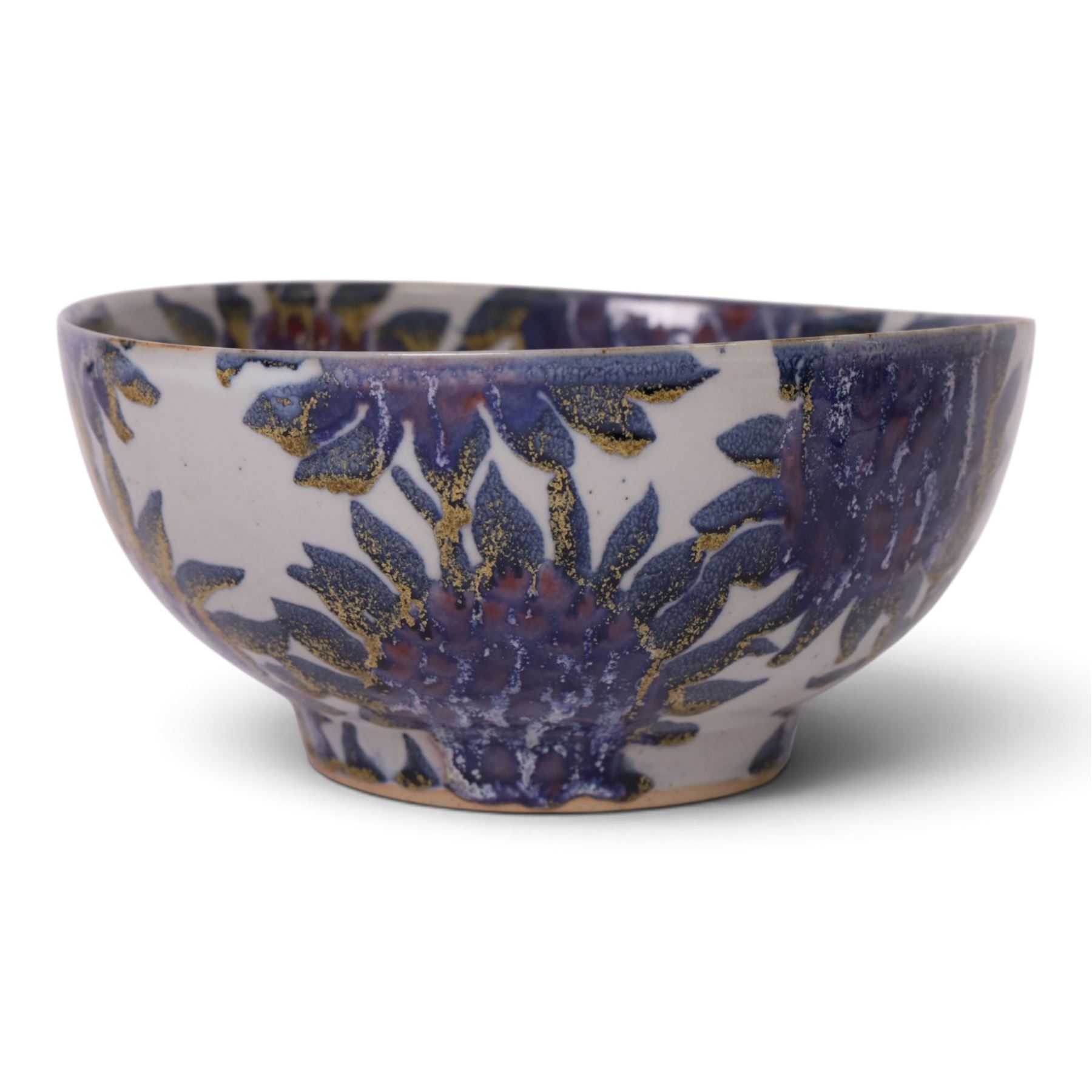 Sophie Hamilton (1963- ); Sunflower bowl, decorated with blue and purple sunflowers on a pale blue ground, with makers mark beneath, D23cm 