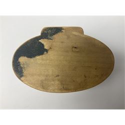 Six sewing related Mauchline ware comprising an oval reel box with internal label for Clark & Co's, tape measure, pin case and three thimble holders of ovoid form 