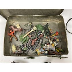 Chad Valley clockwork Fordson Major Tractor, a group of play worn Britains and other lead and metal farm animals, figures and accessories including a kennel, haystacks, dovecote, cows, sheep etc, together with a diecast model of a Tandem Bike L31cm