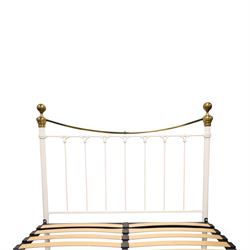 And So To Bed - Victorian design 'Juniper' brass and white painted double bed, the head and foot-boards with brass finials and curved cresting rails
