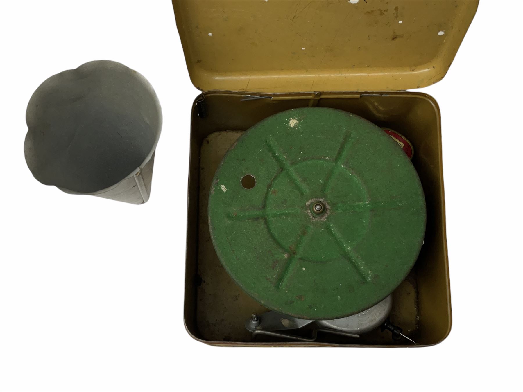 Gebruder Bing Germany Pigmyphone child's portable toy gramophone in woodgrain finish tin-plate box with key and tin of needles L15cm; and nine small records of nursery rhymes; together with a Japanese tin-pate 'Skip Rope Animals' clockwork toy, boxed.