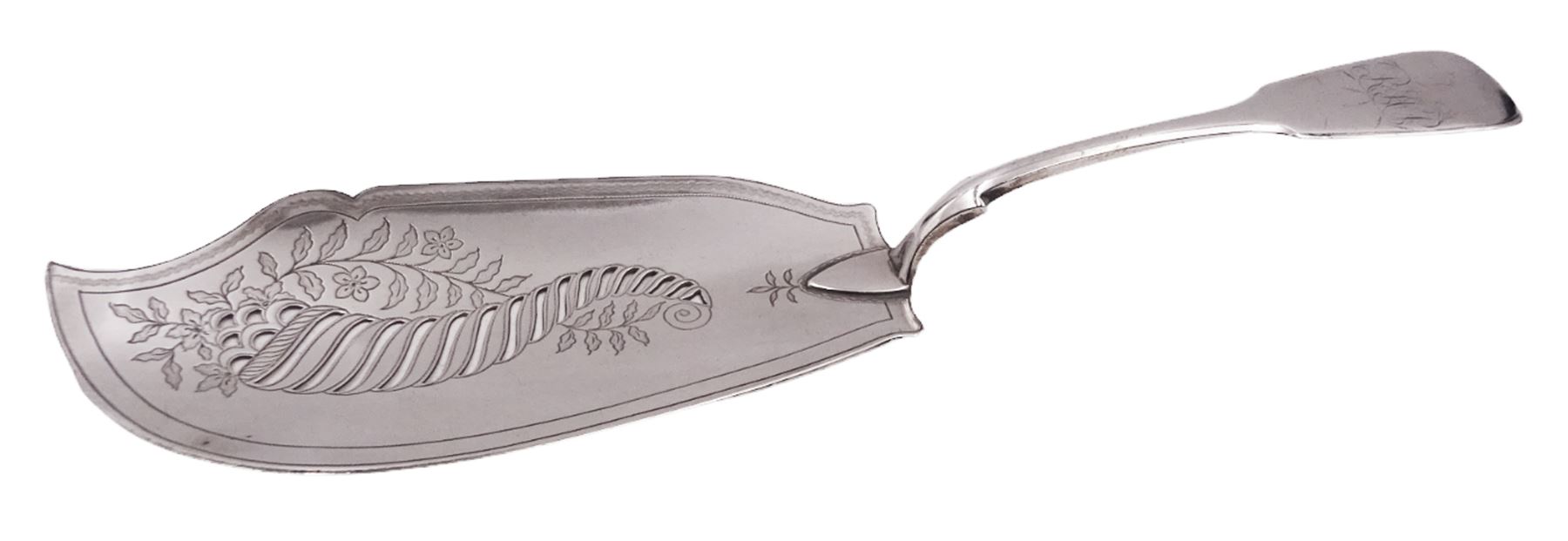 George III silver Fiddle pattern fish slice, engraved with floral pattern to blade and initials to terminal, hallmarked Thomas James, London 1814, L29.6cm