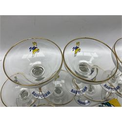 Breweriana; Eight Babycham glasses together with a Babycham plastic fawn mascot and linen I'd Love a Babycham tea towel