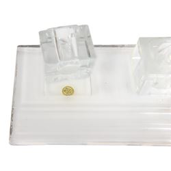 RCR lead crystal Art Deco style desk stand, with two square inkwells and two pen trays, H7cm, W28cm