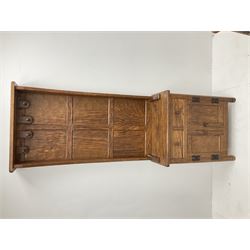 'Acornman' figured oak hallstand, raised panelled back fitted with four coat hooks, rectangular top over two drawers and double panelled cupboard, panelled sides, all over adzing, by Alan Grainger of Brandsby, York