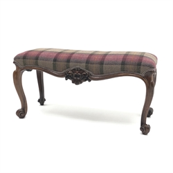  Victorian rosewood rectangular duet stool, moulded serpentine and shell carved frieze on cabriole legs with scroll carved feet, upholstered in Moon Skye Heather tartan, L102cm, D38cm, H51cm  