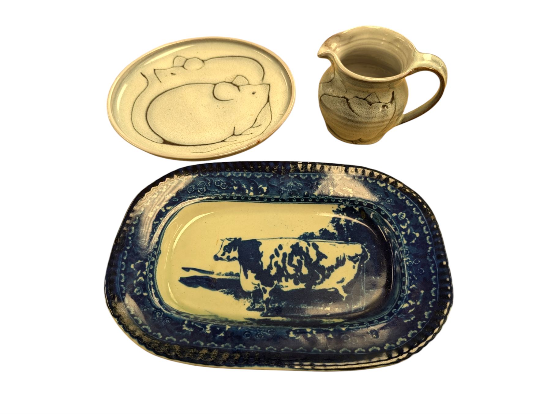 Elizabeth Bailey earthenware jug and plate, decorated with mice, together with a Victorian Ware blue and white cow plate