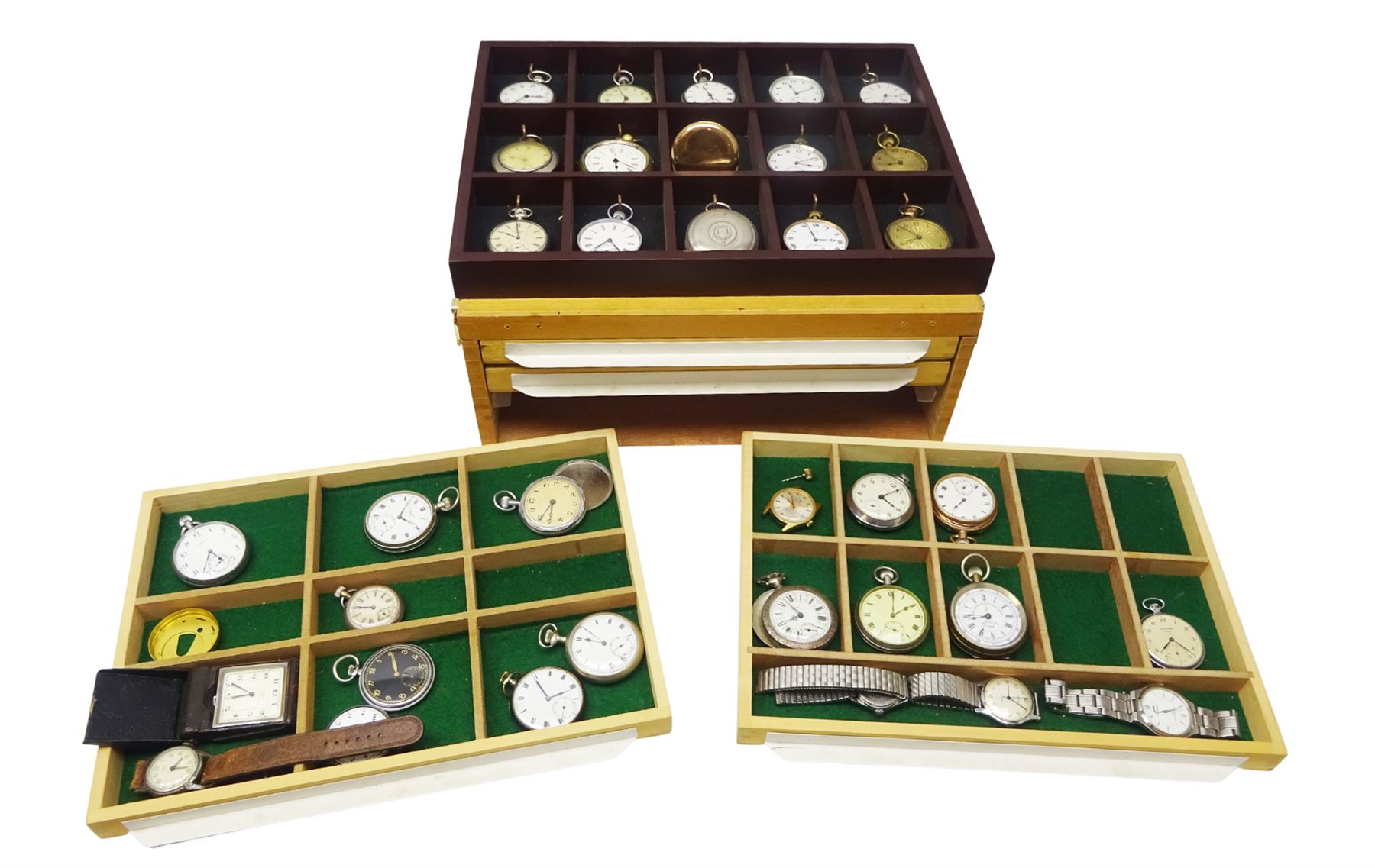 Collection of silver, chrome and plated pocket watches including Limit